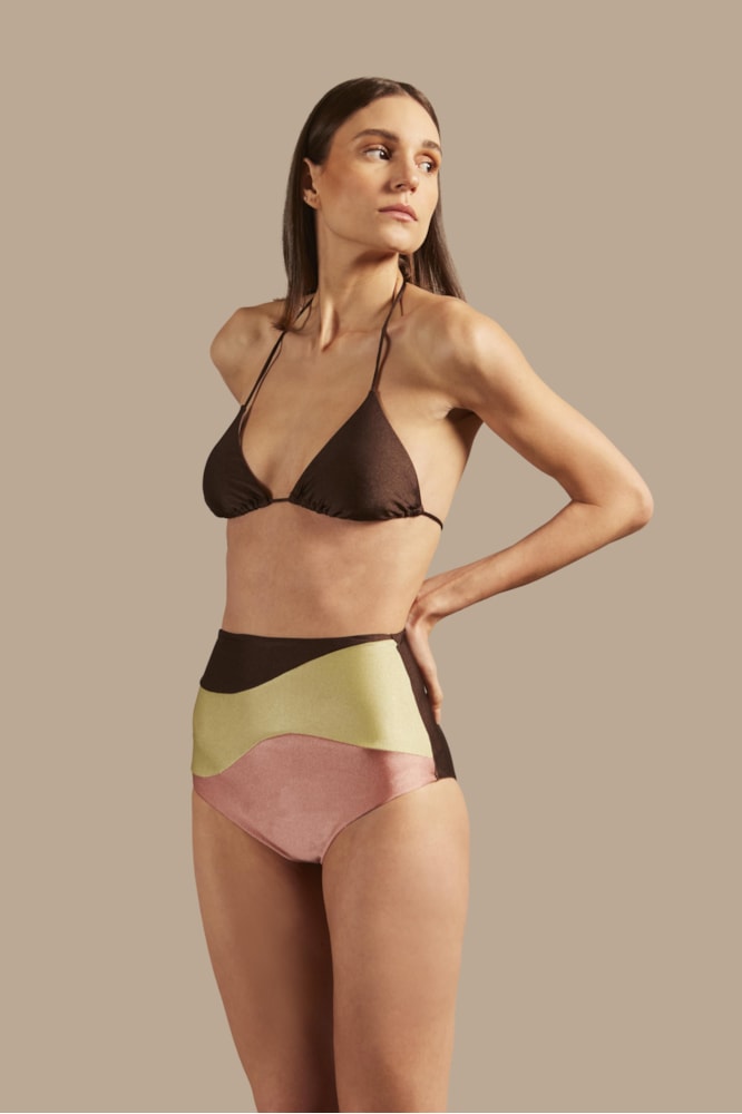 Biquini Hot Pants Giardino Liso Cafe/Verde/Rosa