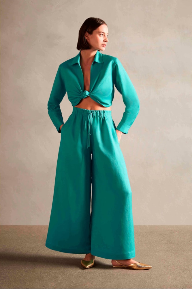 Calça Pantalona Com Rolete Turquesa