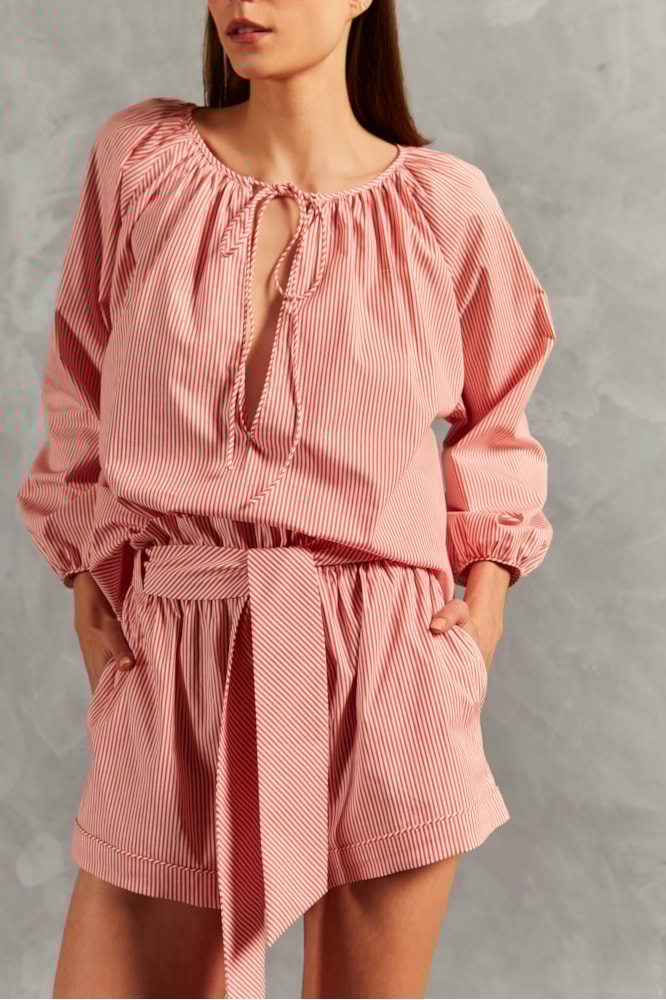 Camisa Curta Manga Bufante Inamorata Lisos Vermelho/Off