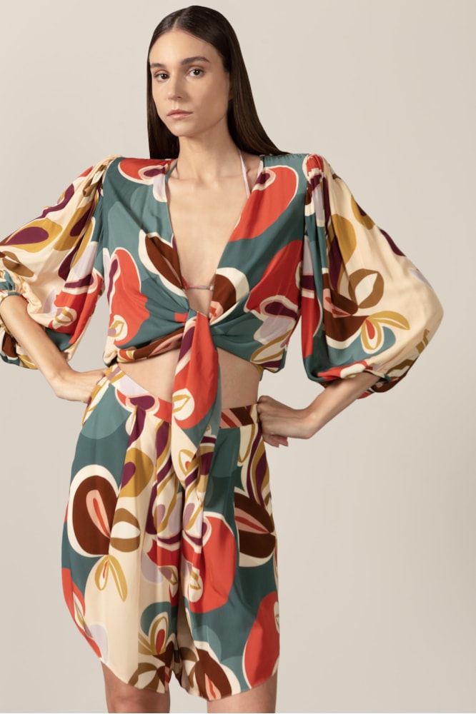 Camisa Manga Curta Amarração Floral Organic Unico