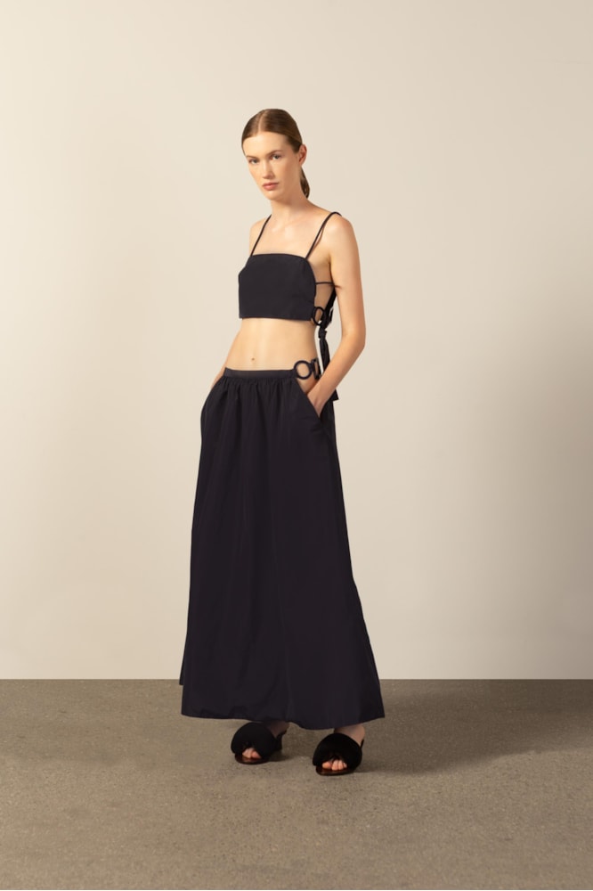 Conjunto Top e Saia Com Volume e Argolas Marinho