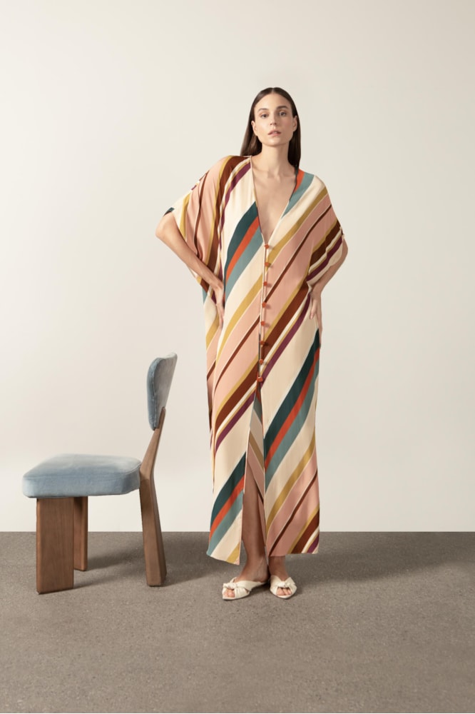 Kaftan Longo Decote v Listras Diagonais Unico
