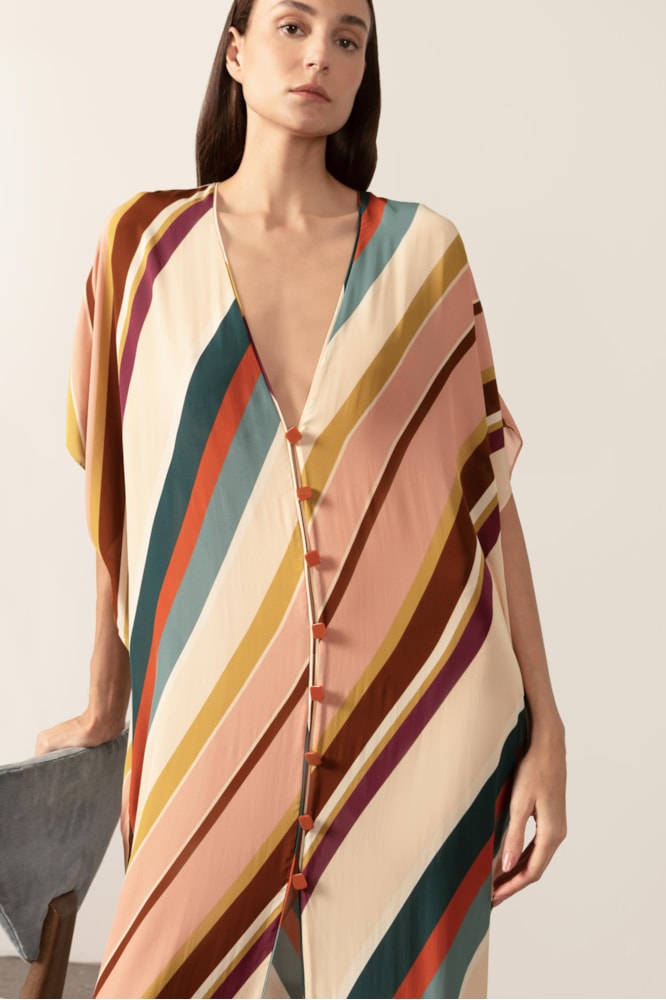 Kaftan Longo Decote v Listras Diagonais Unico