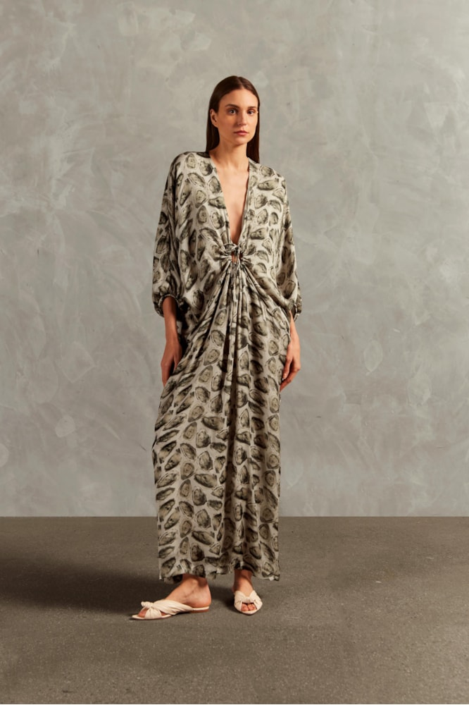 Kaftan Longo Estampado Ostras Unico