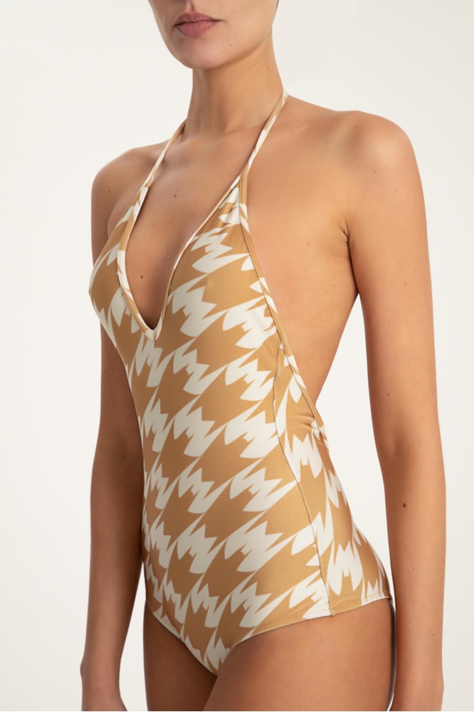 Maillot Decote v Pied de Poule Ecru/Preto