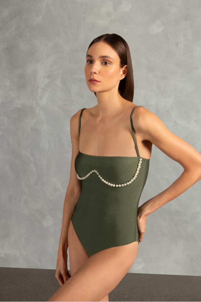 Maiô Alças Com Pérolas Verde Croco