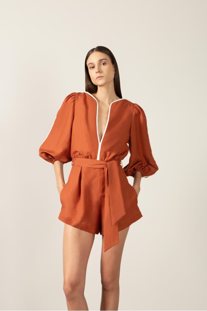 Playsuit Curto Bicolor Conhaque