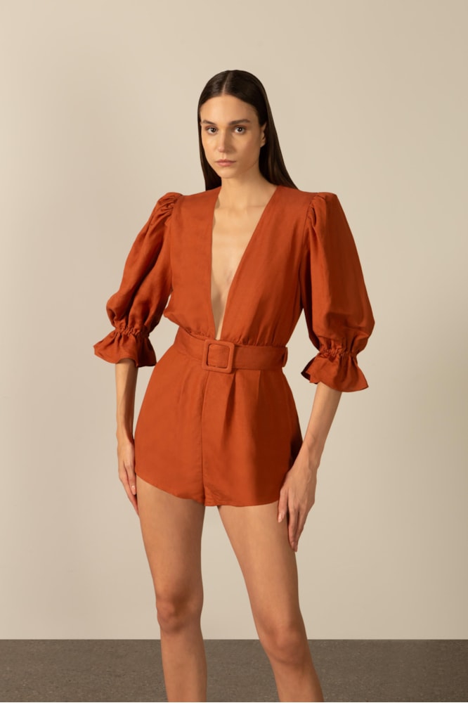 Playsuit Manga Bufante Cinto Marrom