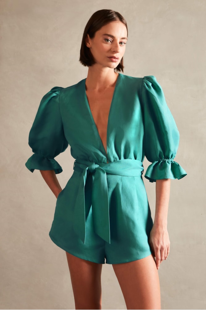 Playsuit Manga Bufante Turquesa