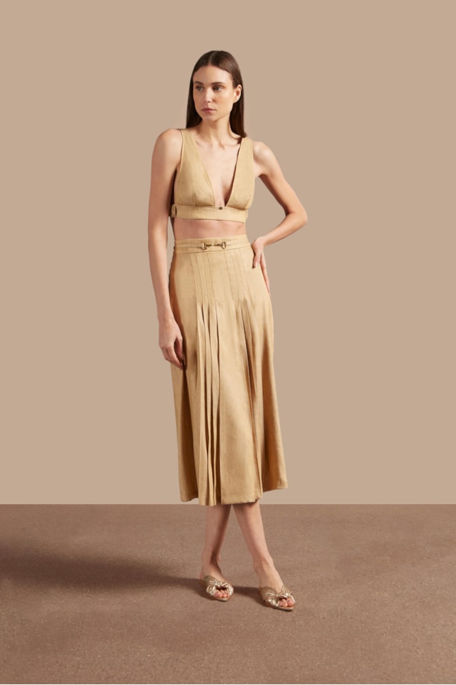 Saia Midi Com Pregas Golden Age Jeans Bege