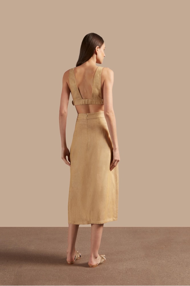 Saia Midi Com Pregas Golden Age Jeans Bege