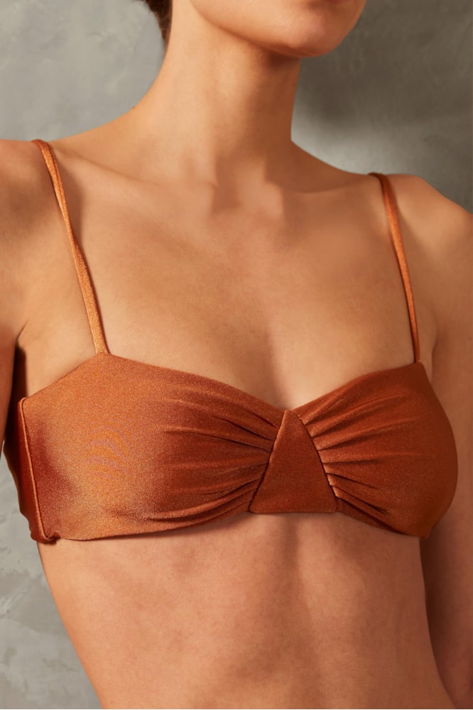 Top Alças Busto Franzido Vintage Citronelle Liso Conhaque