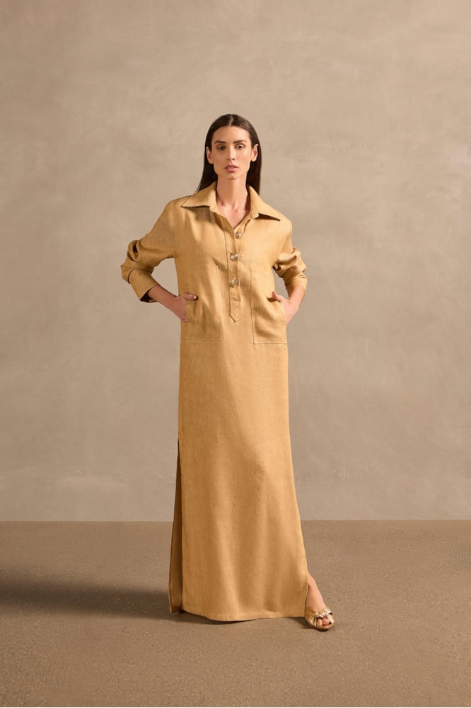 Túnica Longa Com Maxi Bolsos Golden Age Jeans Caramelo