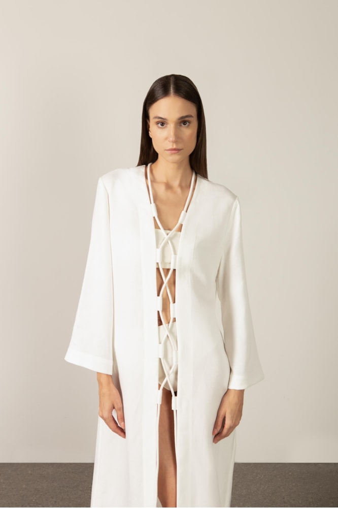 Túnica Longa Transpassada Bicolor Off White