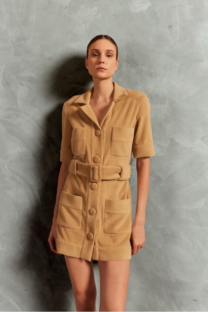 Vestido Curto Cinto Terry Bege