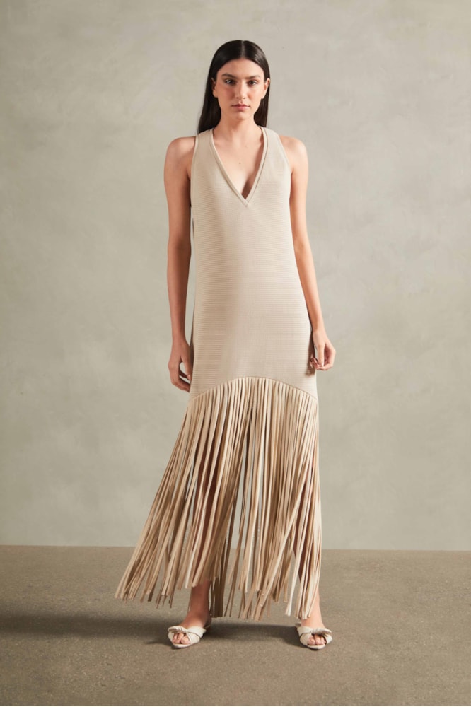 Vestido Franjas Tricot Bege