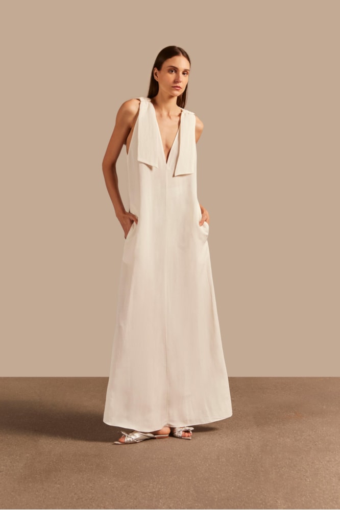 Vestido Longo Alças Com Laços Timeless Off White