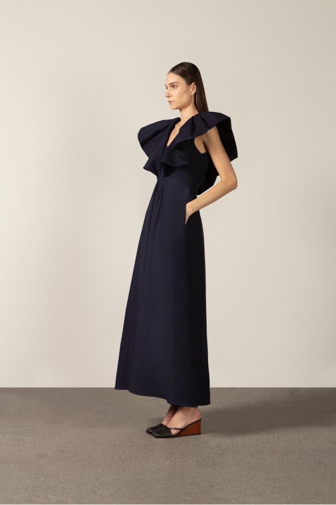 Vestido Longo Babados Bicolor Marinho