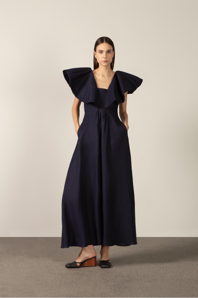 Vestido Longo Babados Bicolor Marinho