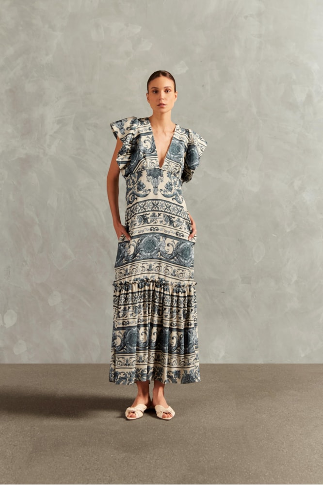 Vestido Longo Babados Hera Azul