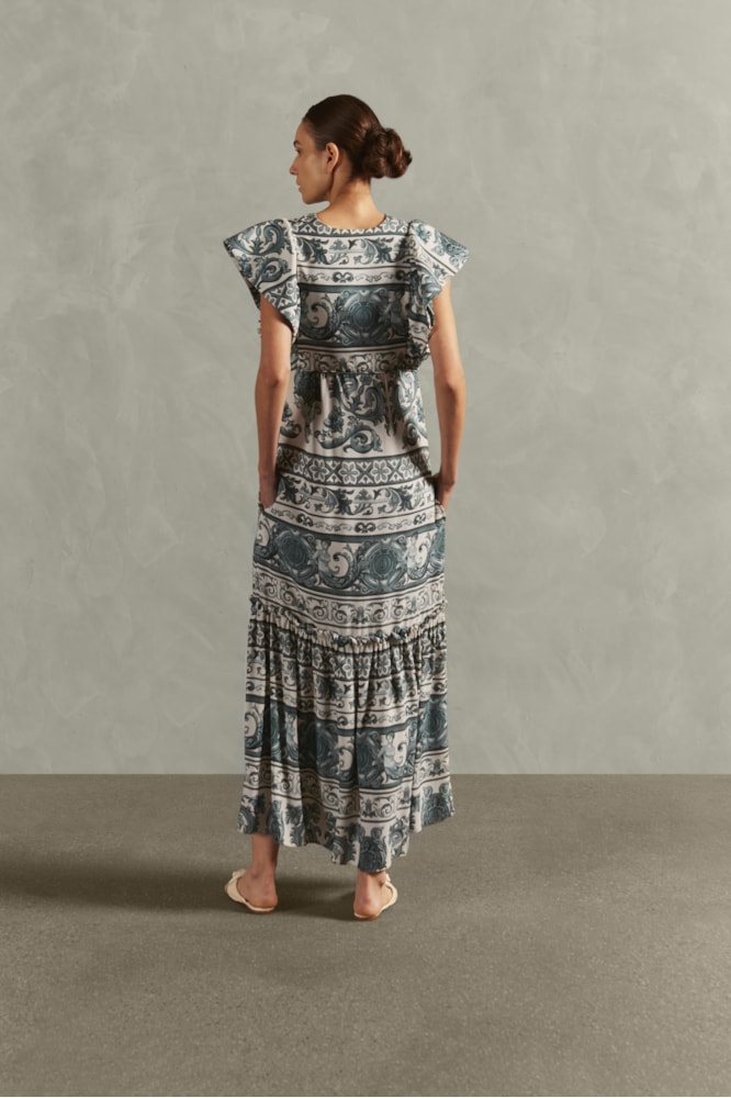 Vestido Longo Babados Hera Azul