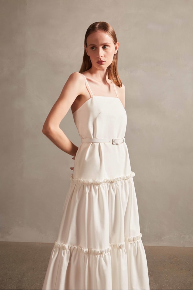 Vestido Longo Babados Off White