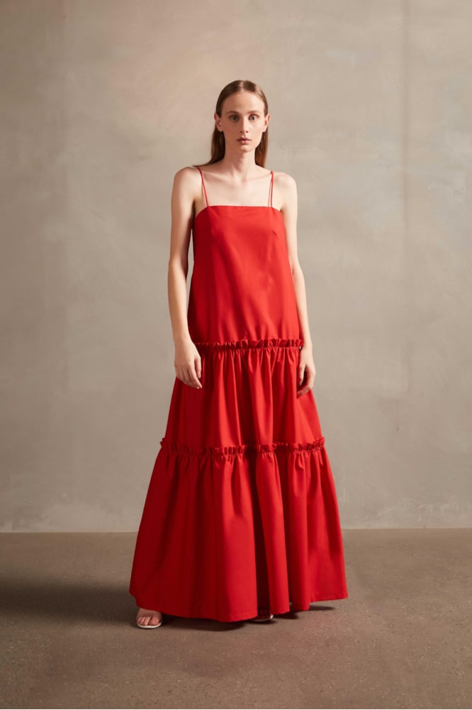 Vestido Longo Babados Vermelho