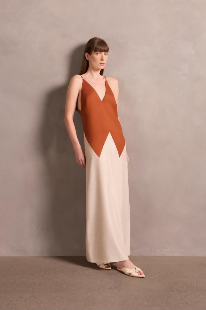 Vestido Longo Bicolor Colibri Solids Conhaque/Off White