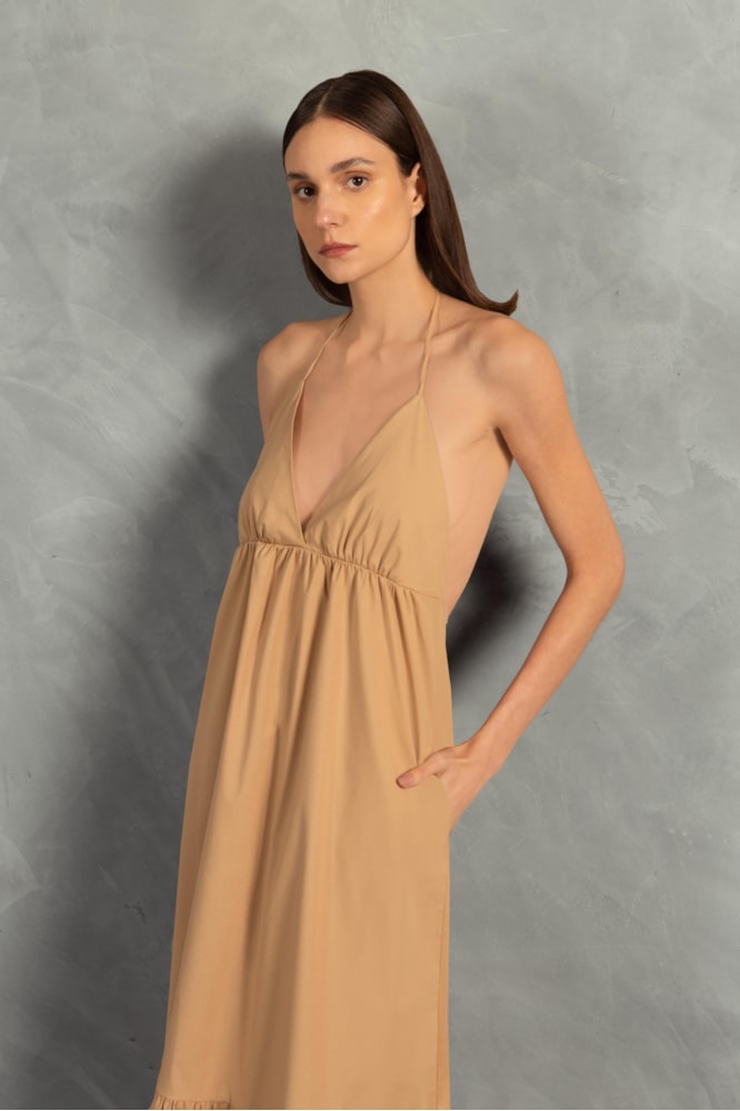 Vestido Longo Com Babados Giardino Liso Bege