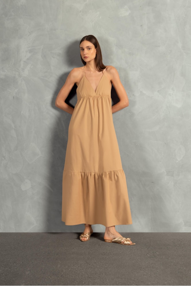 Vestido Longo Com Babados Giardino Liso Bege