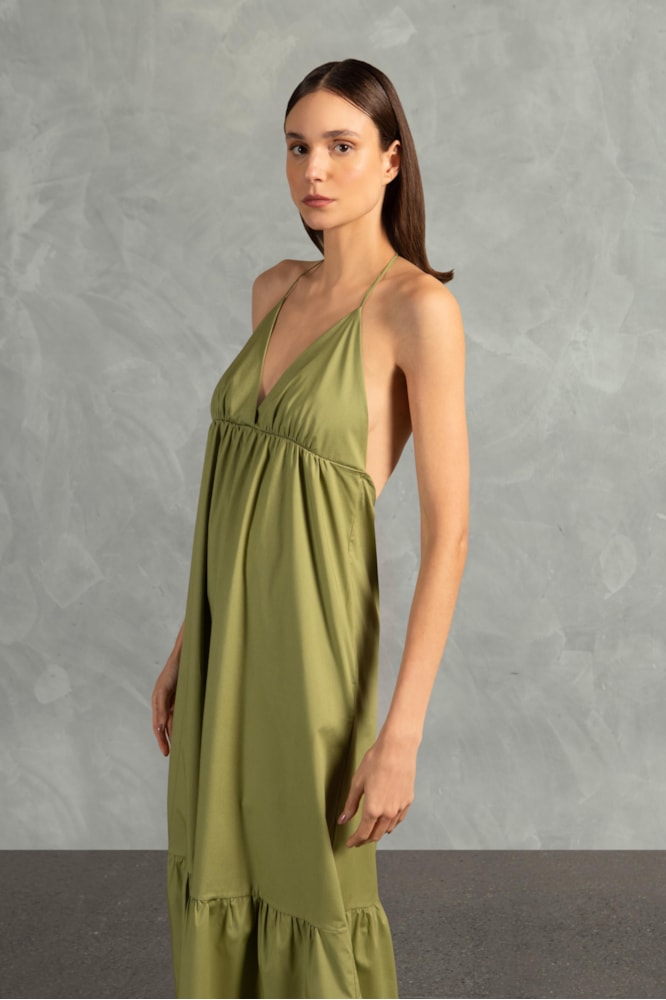 Vestido Longo Com Babados Giardino Liso Verde Pistache