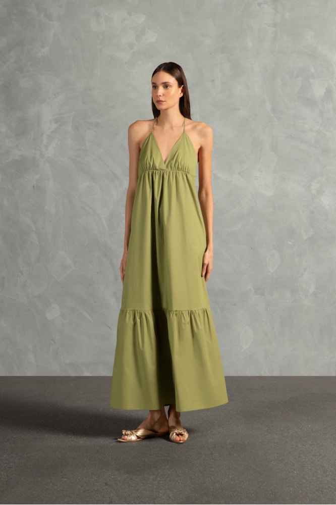 Vestido Longo Com Babados Giardino Liso Verde Pistache