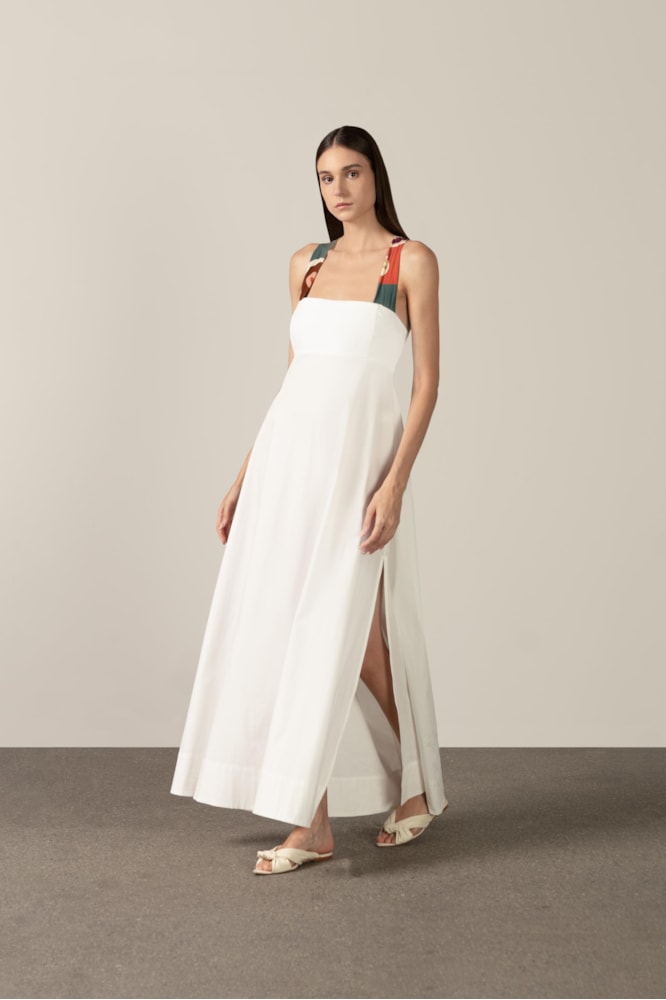 Vestido Longo Com Fenda Lateral Floral Organic Off White