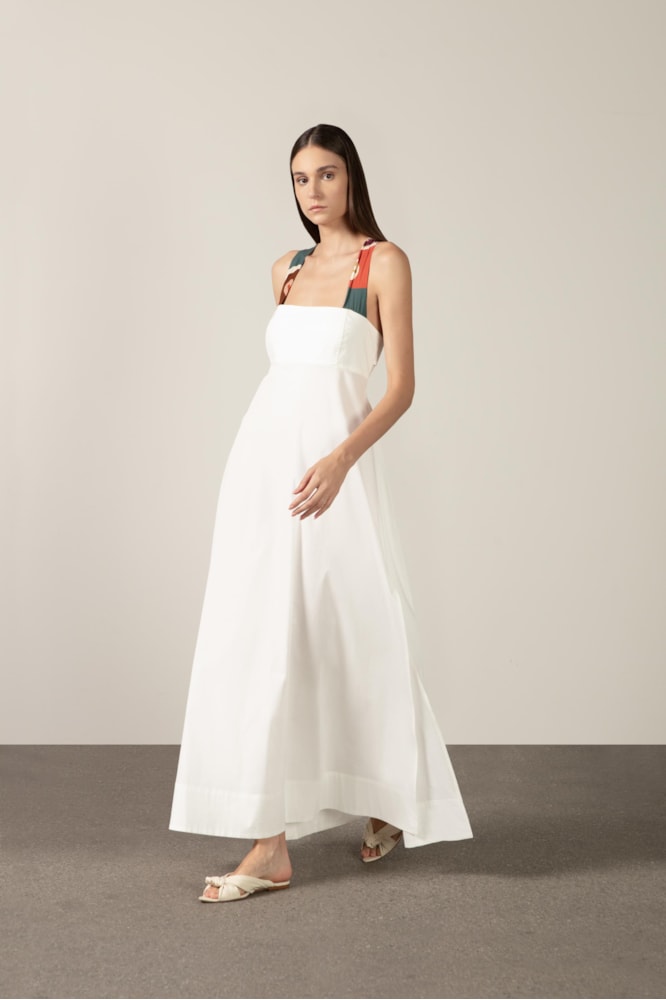 Vestido Longo Com Fenda Lateral Floral Organic Off White