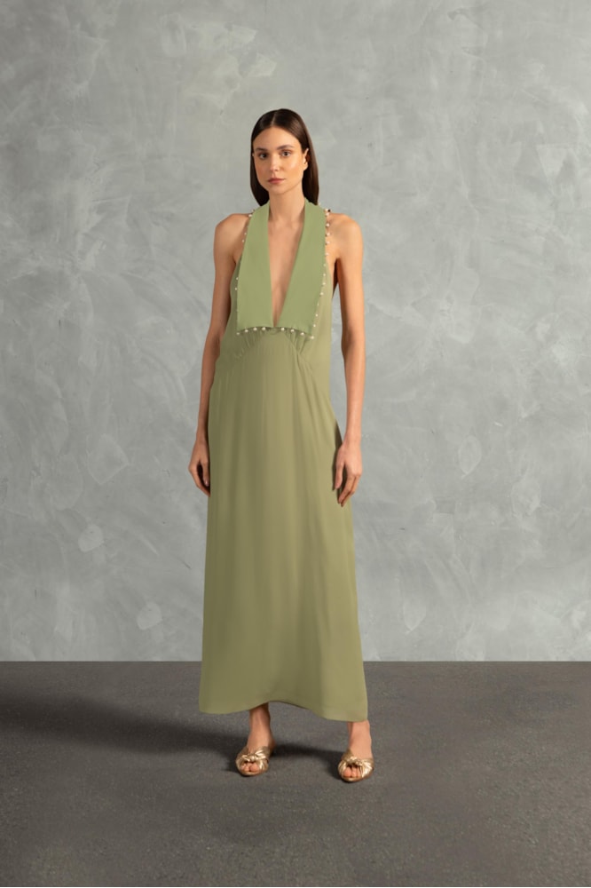 Vestido Longo Com Gola Ostras Verde