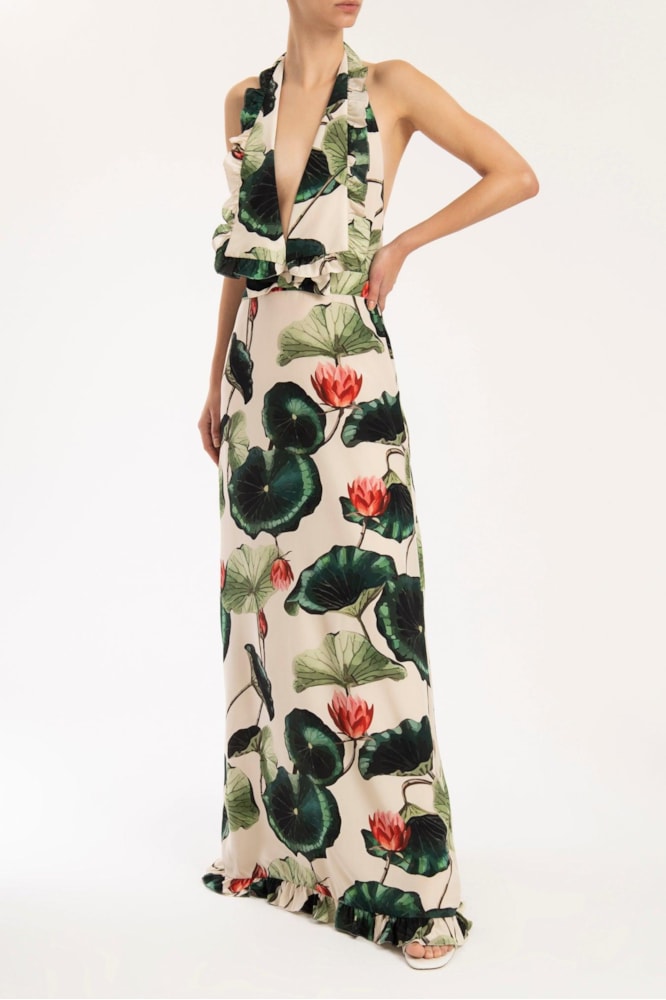 Vestido Longo Com Maxi Gola Vitória Régia Off White