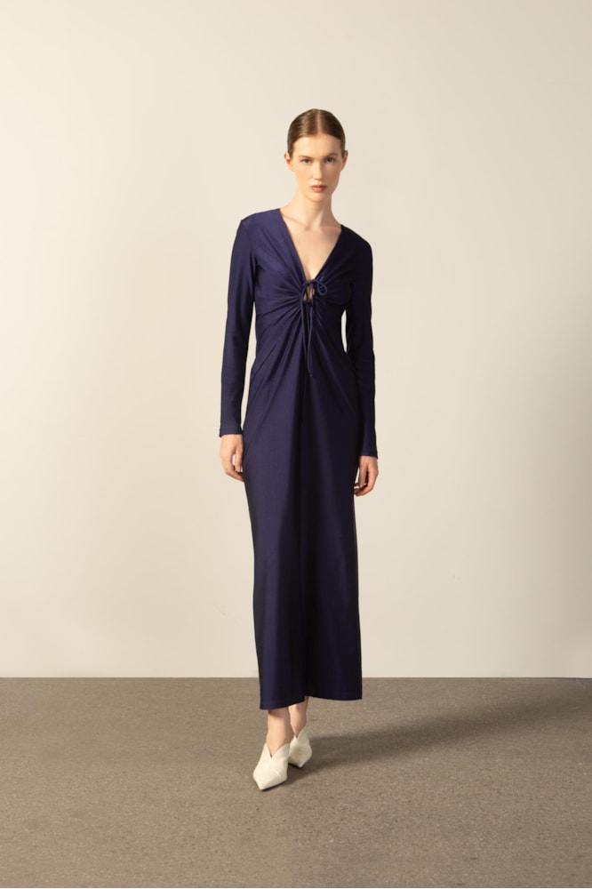 Vestido Longo Decote Franzido Lisos Marinho