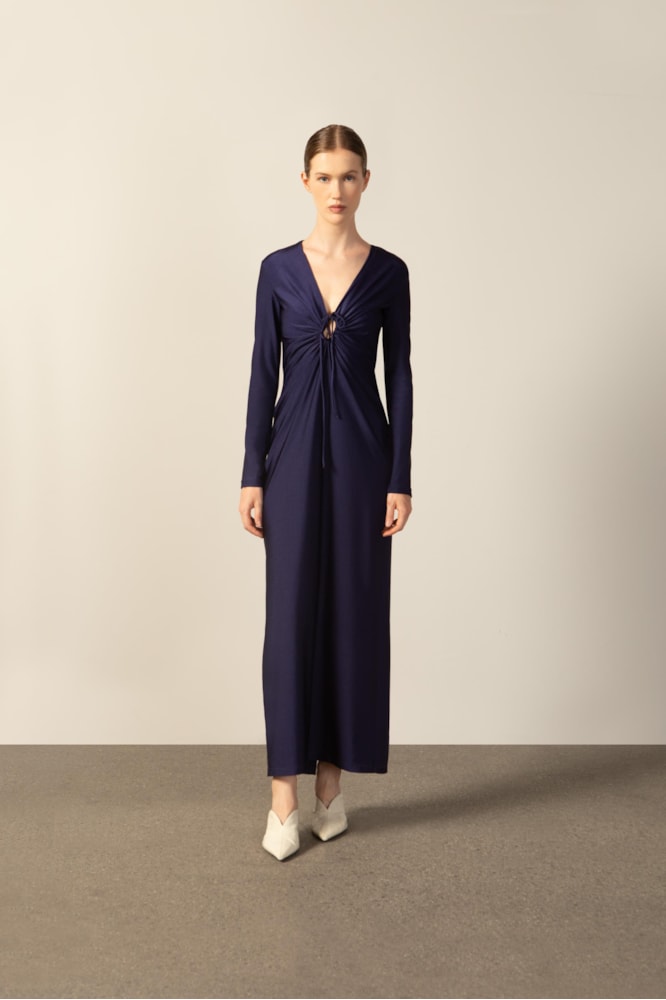 Vestido Longo Decote Franzido Lisos Marinho