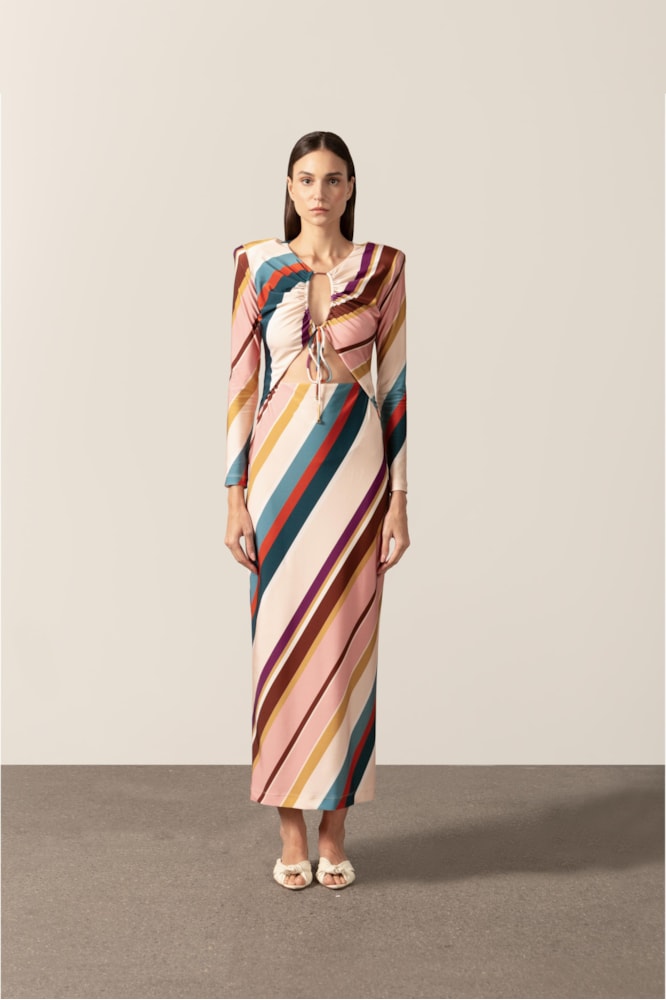 Vestido Longo Decote Franzido Listras Diagonais Unico