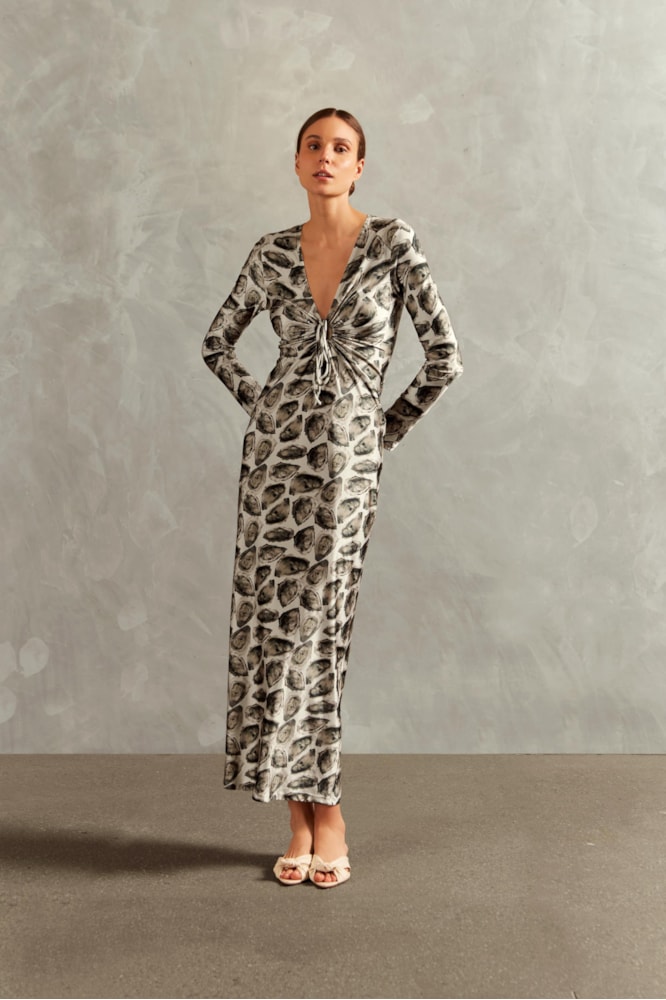 Vestido Longo Decote Franzido Ostras Unico