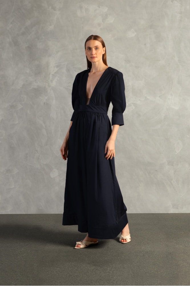 Vestido Longo Decote Ilusione Inamorata Lisos Azul Marinho
