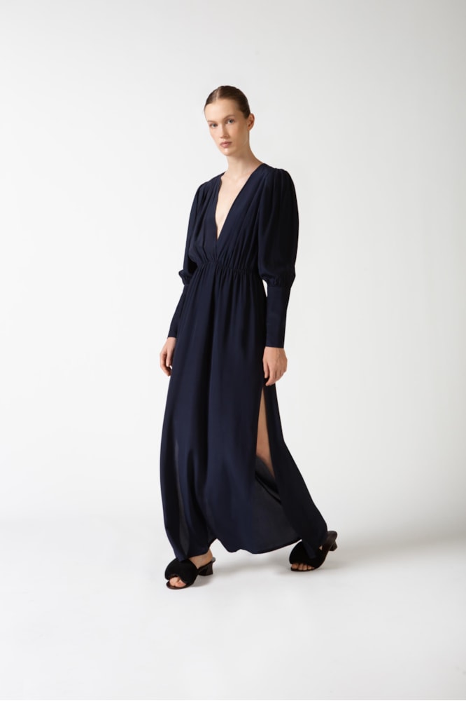 Vestido Longo Decote v Lisos Marinho