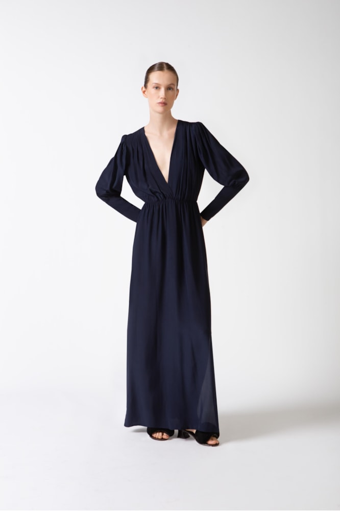 Vestido Longo Decote v Lisos Marinho