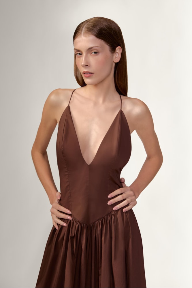 Vestido Longo Decote v Opulence Rosa Antigo                             