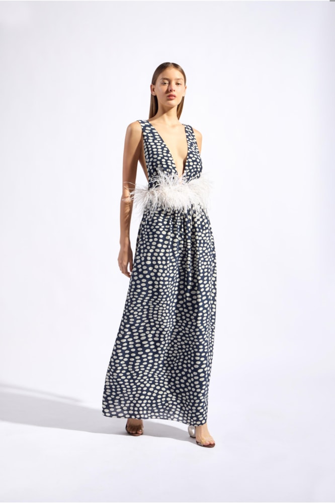 Vestido Longo Decote v Plumas Pois Marinho