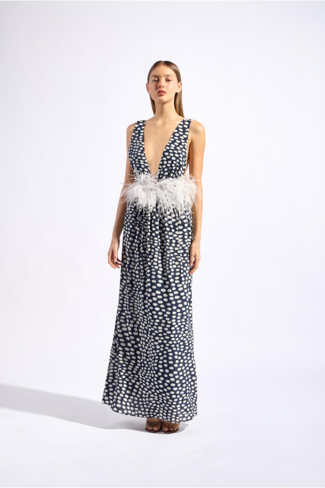 Vestido Longo Decote v Plumas Pois Marinho