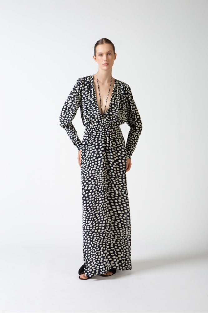 Vestido Longo Decote v Pois Marinho
