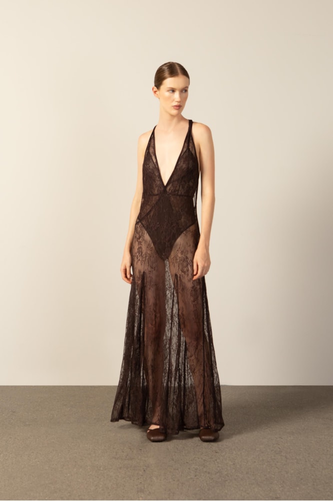 Vestido Longo Decote v Renda Marrom