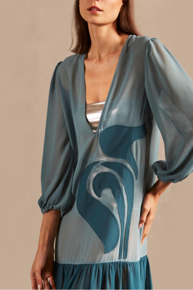 Vestido Longo Detalhe Aplicação Lírio Vintage Lisos Azul