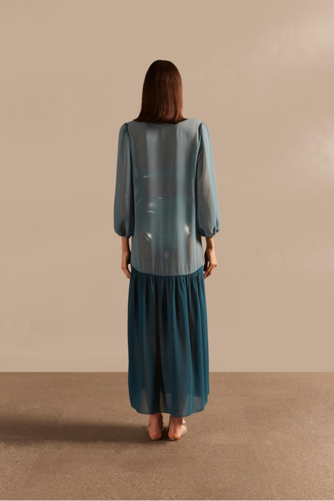 Vestido Longo Detalhe Aplicação Lírio Vintage Lisos Azul